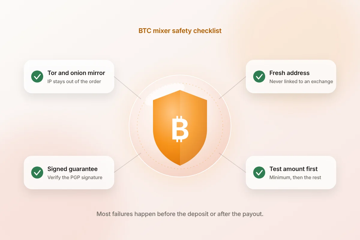 Safety checklist for using a BTC mixer: Tor, fresh address, signed guarantee, test amount