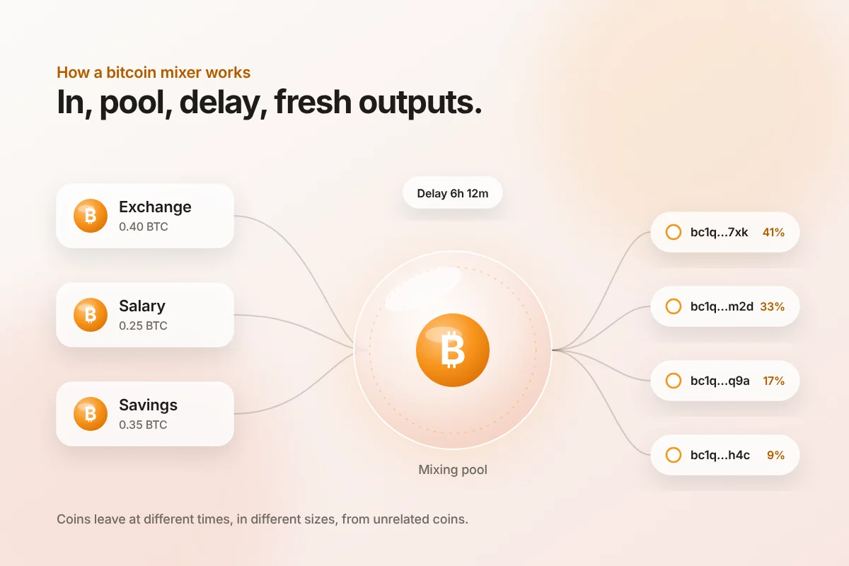 Diagram of how a bitcoin mixer pools inputs and pays out fresh outputs